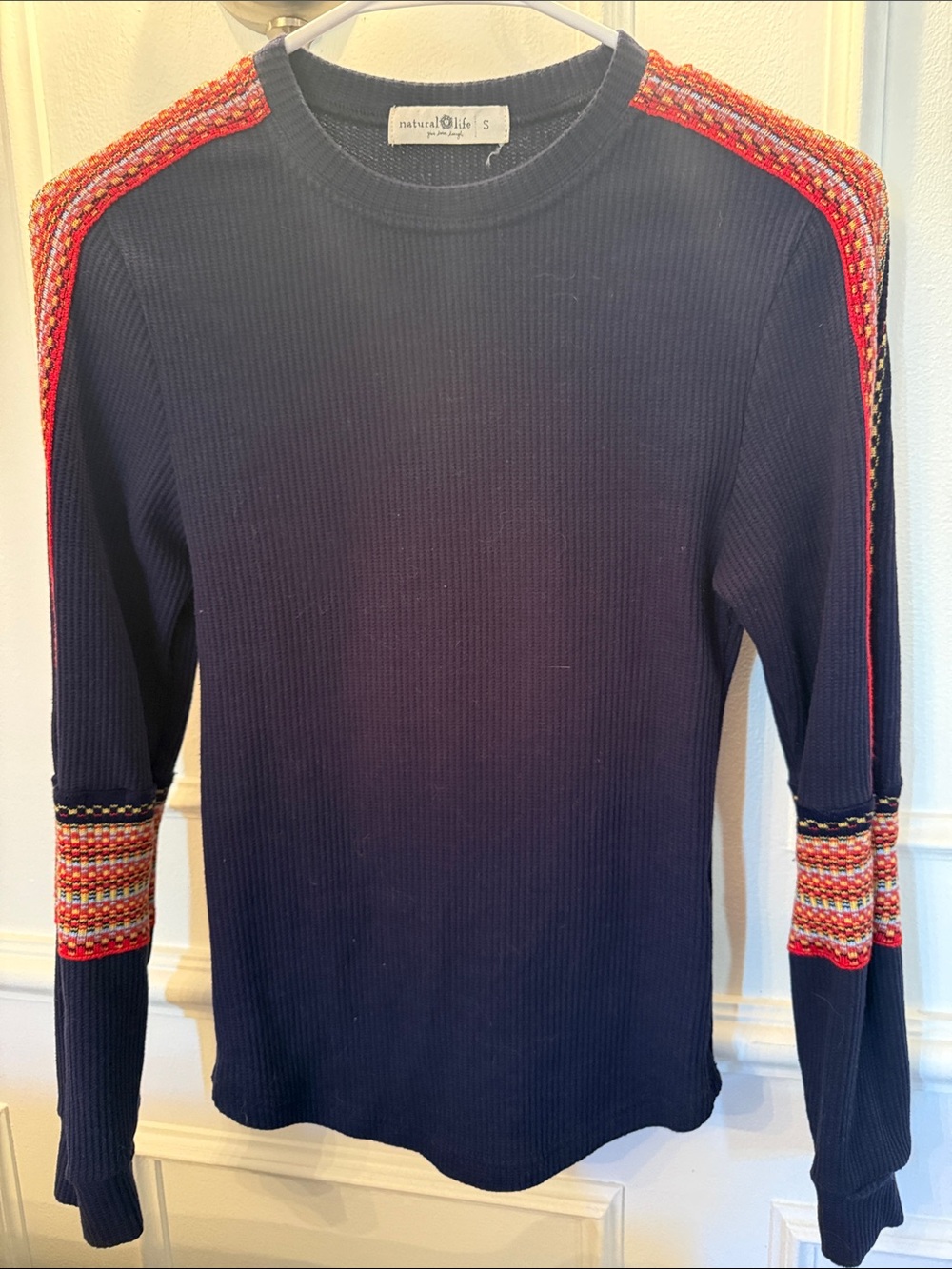 NATURAL LIFE Navy Crewneck Sweater with Red Patterned Shoulder and Cuff Stripes